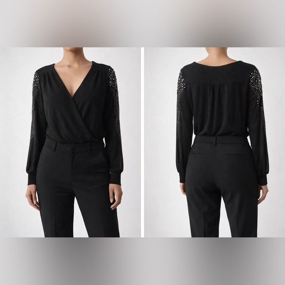 Ember Tops - Ember Bodysuit Long Sleeve V-Neck Black Rhinestone Sleeve Size M NWOT